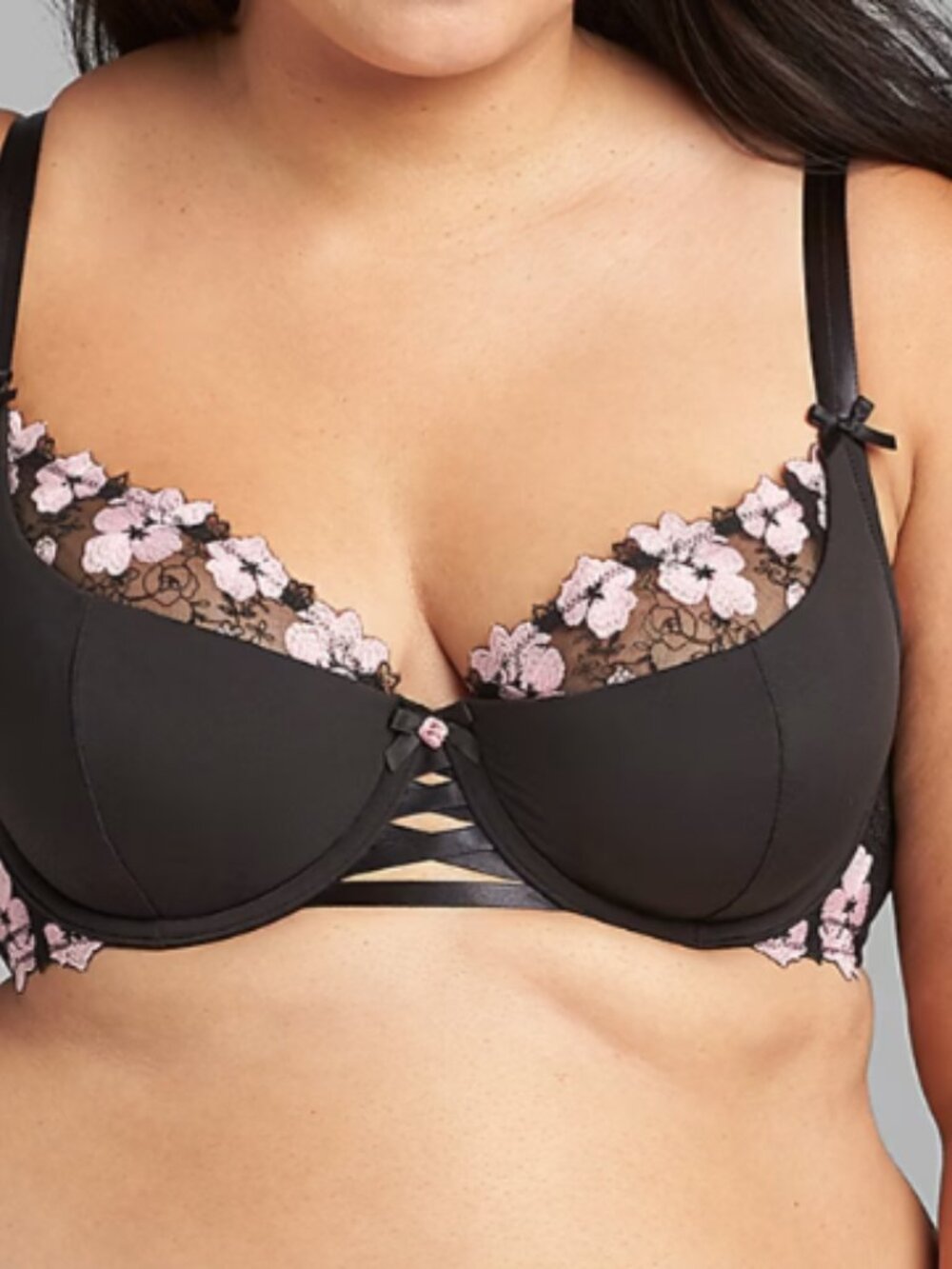 Lane Bryant Strappy Embroidered-Mesh French Balconette Bra Black/Pink 42DDD